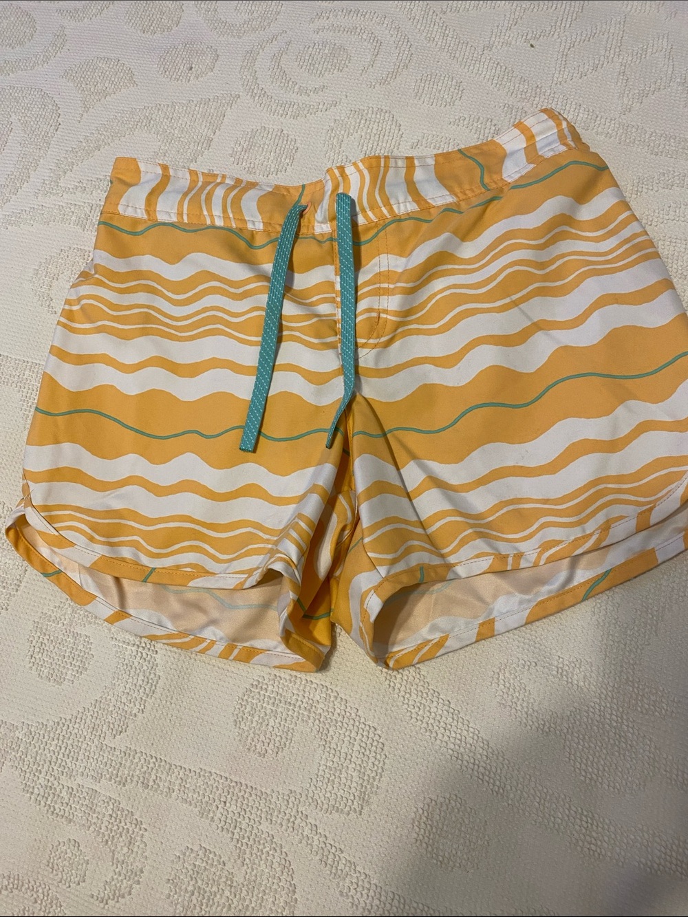 Columbia light orange and White Wave-Print Athletic Shorts with Teal Drawstring